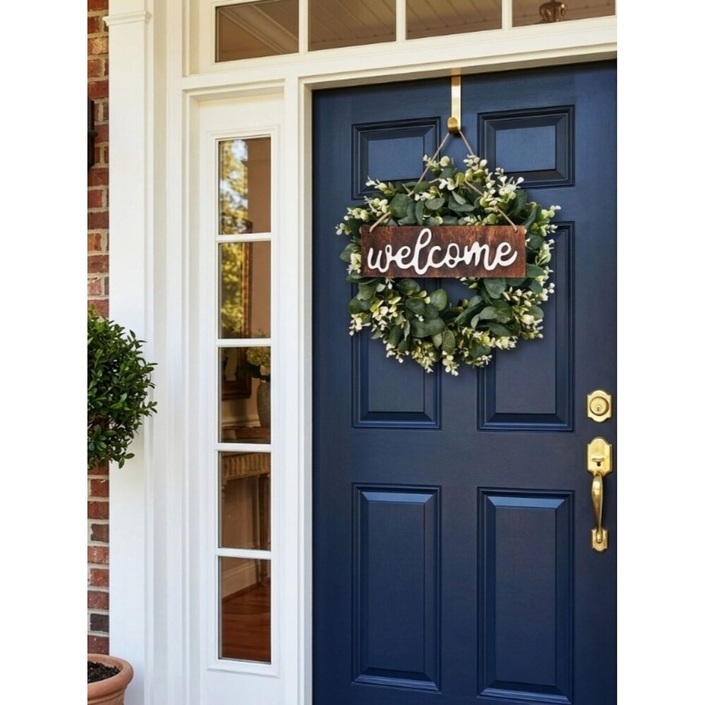 16" Lush Green Eucalyptus Leaves Welcome Wreath with Hanging Wooden Sign NWOT